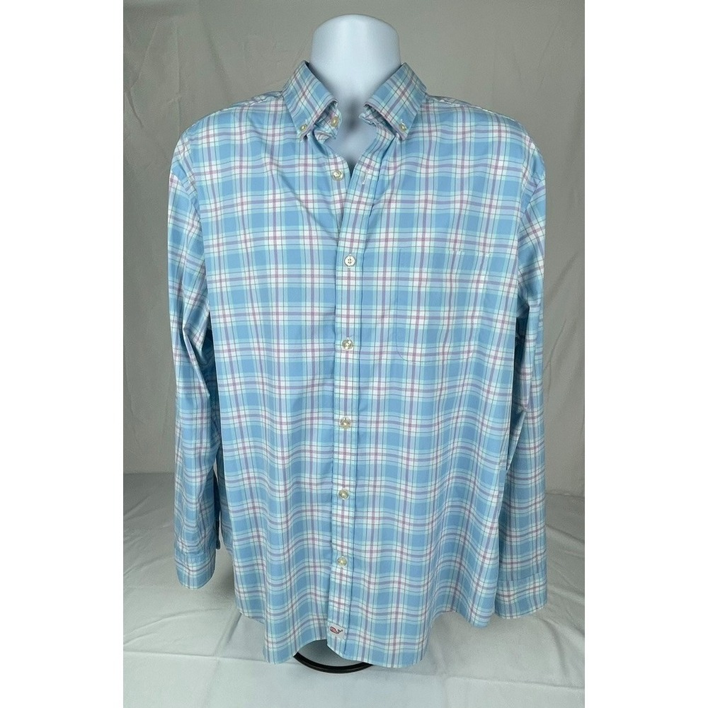 VINEYARD VINES PERFORMANCE MURRAY SHIRT MENS XL BLUE PLAID BUTTON DOWN STRETCH C